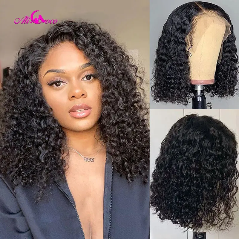 

AliCoco Natural Color Kinky Curly Bob Wigs 13x4 Lace Front Wig Peruvian Remy Short Summer 4x4 Closure Bob Pre Plucked For Women