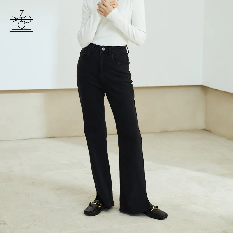 

Ziqiao Petite Size Black High Waist Micro-Mop Jeans Female 2021 New Open Fork Wide Legs Long Pants Women Denim Jeans