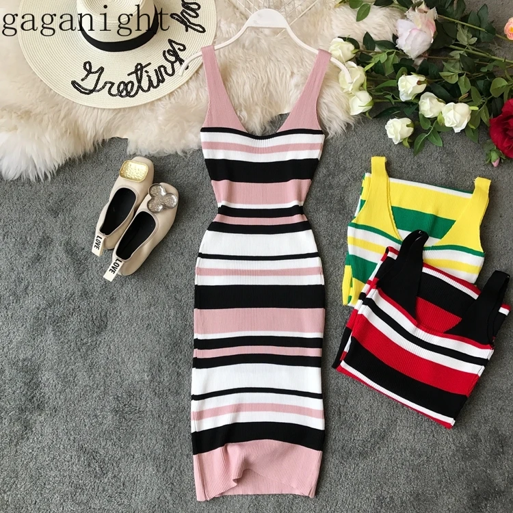 

Gaganight Deep V Neck Knitted Women Dress Colorful Striped Sleeveless Tank Bodycon Dresses Female Elastic Elegant Party Dress