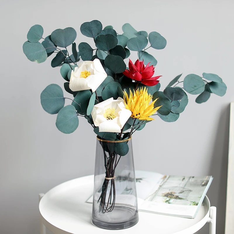 

Natural Preserved Eucalyptus Leaves Bouquet Eternal Display Dry Flower Apple Leaf Wedding Marriage Decoration Photography Porps