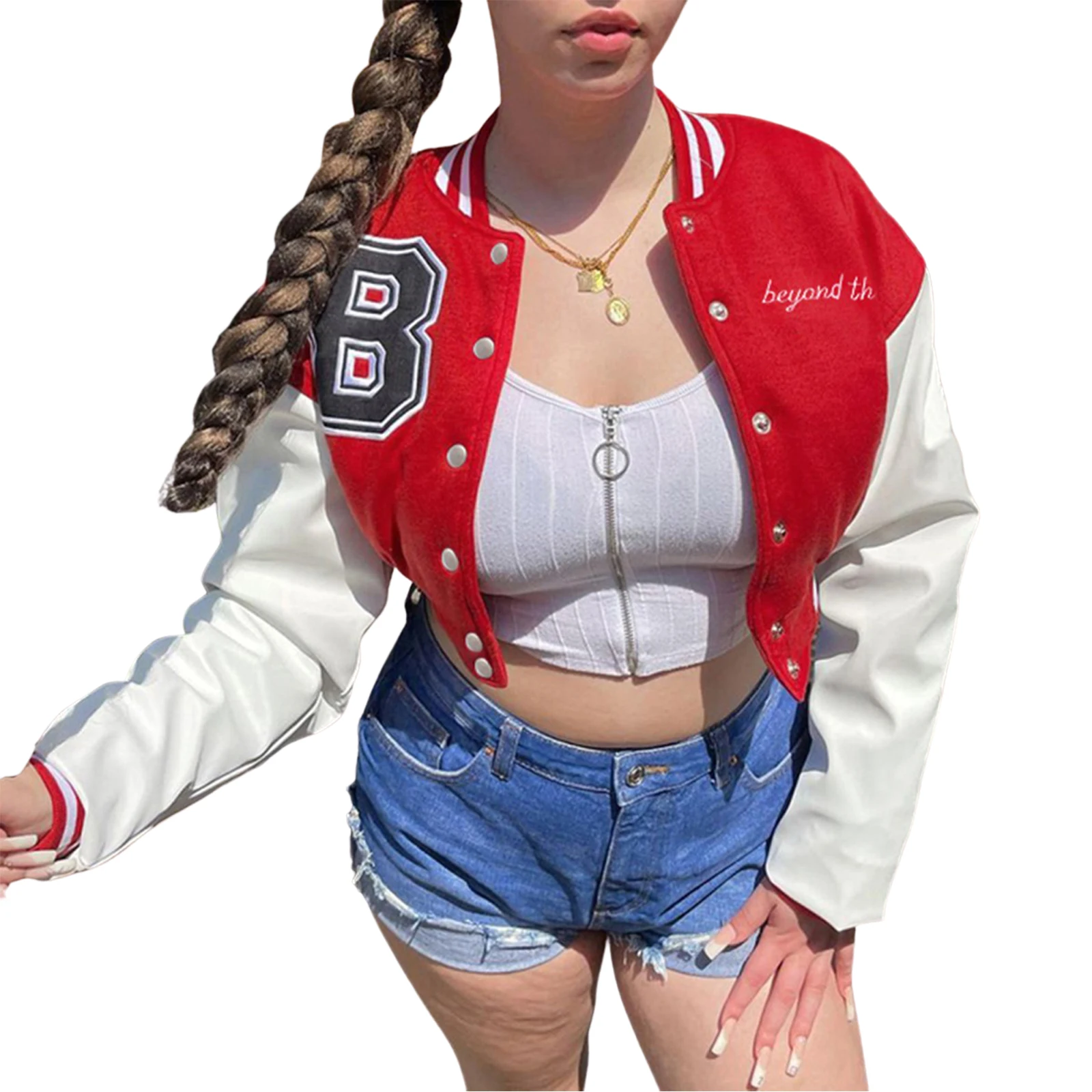 

2021 New Spring Fall Women Loose Casual Baseball Jackets Girls Leather Long Sleeve Letter Embroidery Cropped Jackets Red Brown
