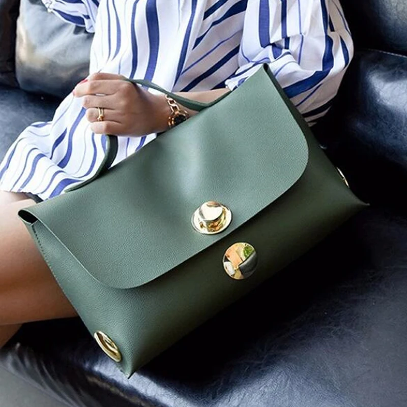 

Metal Round Buckle Decoration Leather Handbag For Women 2021 Fashion Simple Solid Color Large Capacity Shoulder Bag