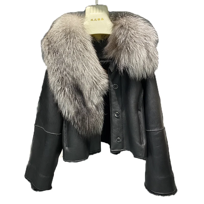 

SHZQ Lamb Skin Leather and Fur Coat Woman's Clothing Coat Real Fox Fur Collar Whole Sheepskin Genuine Fur Jacket New Winter