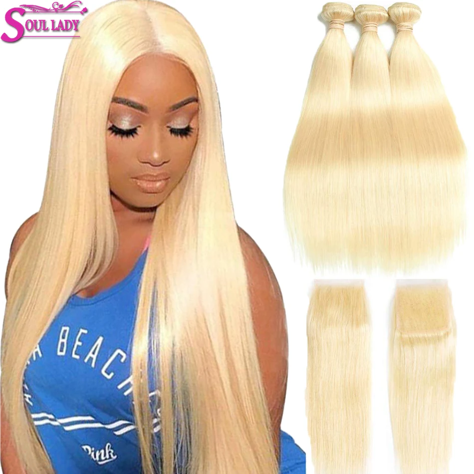 

Soul Lady 613 Bundles With Closure Honey Blonde Bundles With Closure Malaysian Straight Human Hair Bundles with 4x4 Lace Closure
