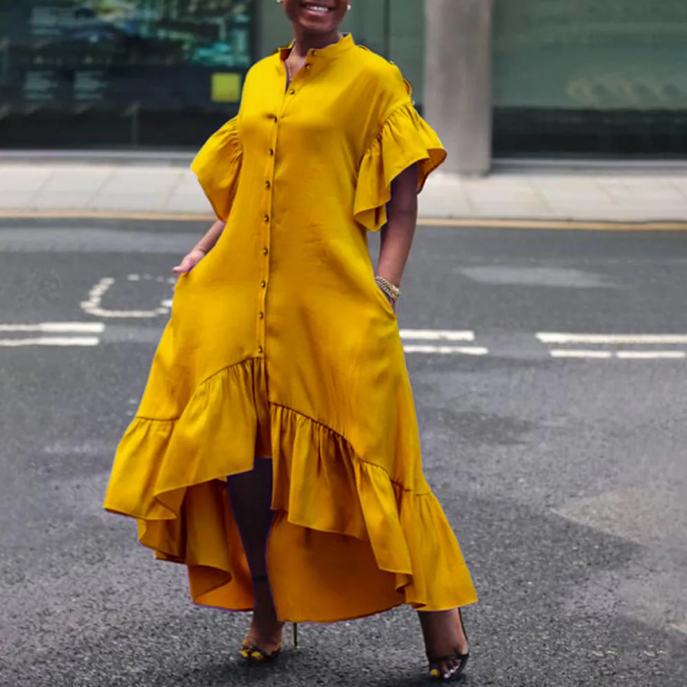 

Europe America Summer New 2021 Solid Color Single-breasted Irregular African Oversize Casual Women's Dress Flared Sleeves