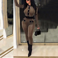 sexy jumpsuits rompers for women plaid printed round neck button full sleeve high waisted elegant evening night club overalls