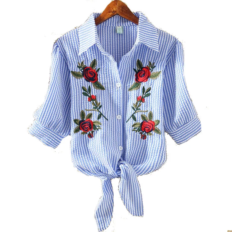 Женская короткая полосатая рубашка Сезон весна лето Повседневная хлопковая с