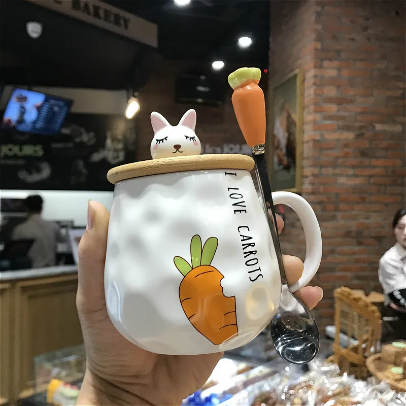 

New product cute cartoon rabbit ceramic mug with lid spoon carrot girl breakfast milk water cup Milk mug coffee mug