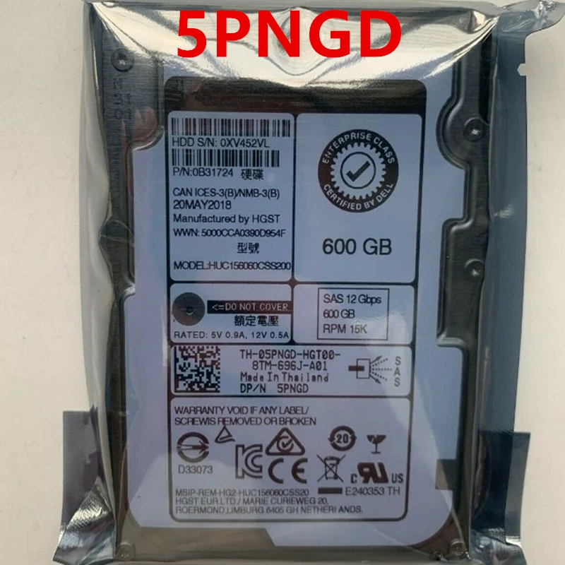 

Оригинальный Новый HDD для Dell 600GB 2,5 "SAS 12 ГБ/сек. 64MB 15K для внутреннего HDD для сервера HDD для 5PNGD HUC156060CSS200