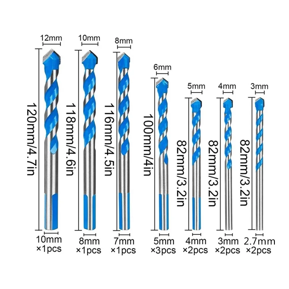 

12PCS Drill Bit Construction 3/4/5/6/8/10/12mm Multi-Functional Bit 2 Flute Triangle Shank For Tile Glass Ceramic Marble Drlling