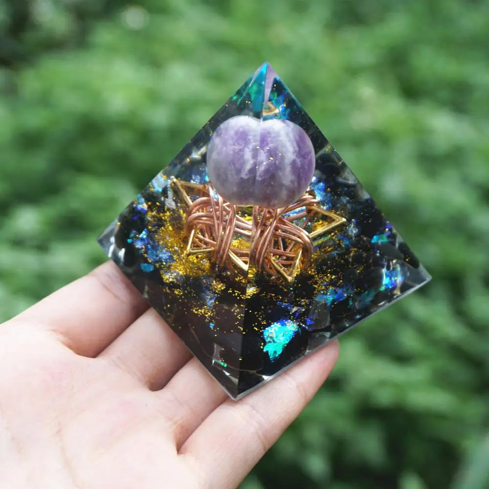 

Star Style Orgonite Pyramid Amethyst Sphere With Obsidian Crystal Quartz Reiki Healing Energy Orgone Pyramide EMF Protection