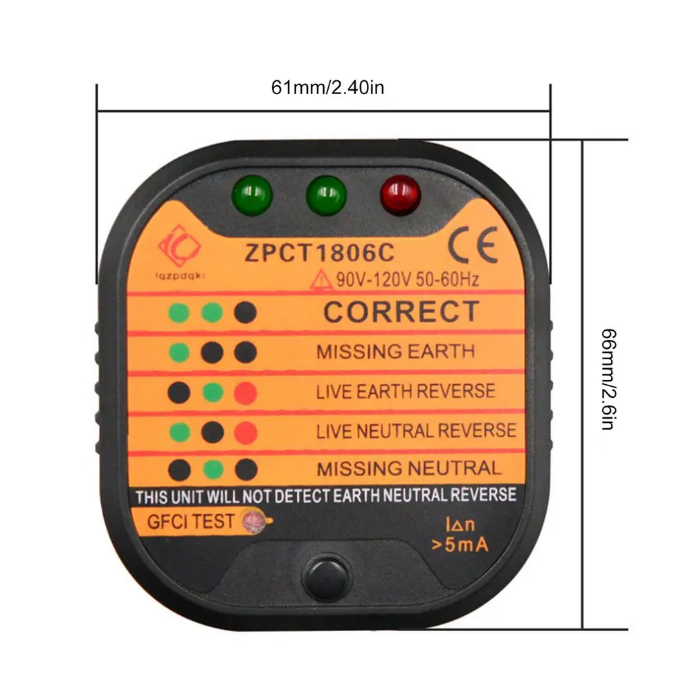

ZPCT1806C Outlet Socket Tester Circuit Polarity Voltage Plug Breaker US Ground Zero Line Switch Safety Electroscope Sale
