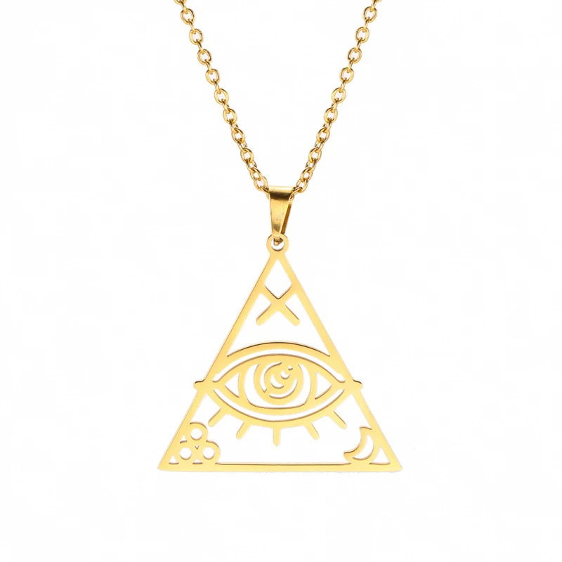 Ожерелье из нержавеющей стали с религиозным амулетом Глаза Хора в форме геометрического треугольника древнего Египта в стиле модной ювелирной бижутерии.