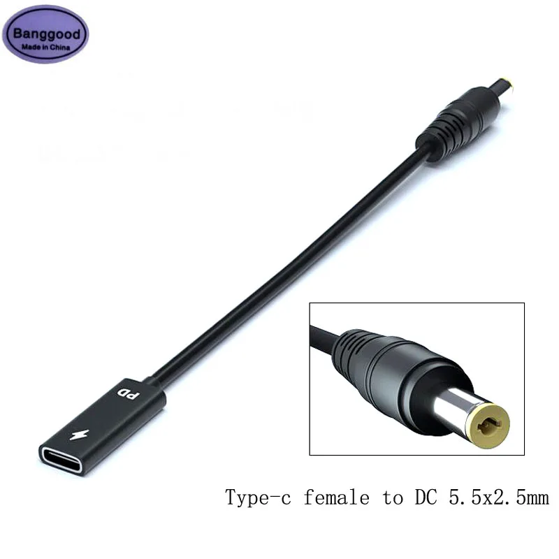 

Type-C Female to DC 5.5x2.5mm Male 19V-20V 90W with PD Chip Connector Cable for Laptop Power Supply Adapter Cable