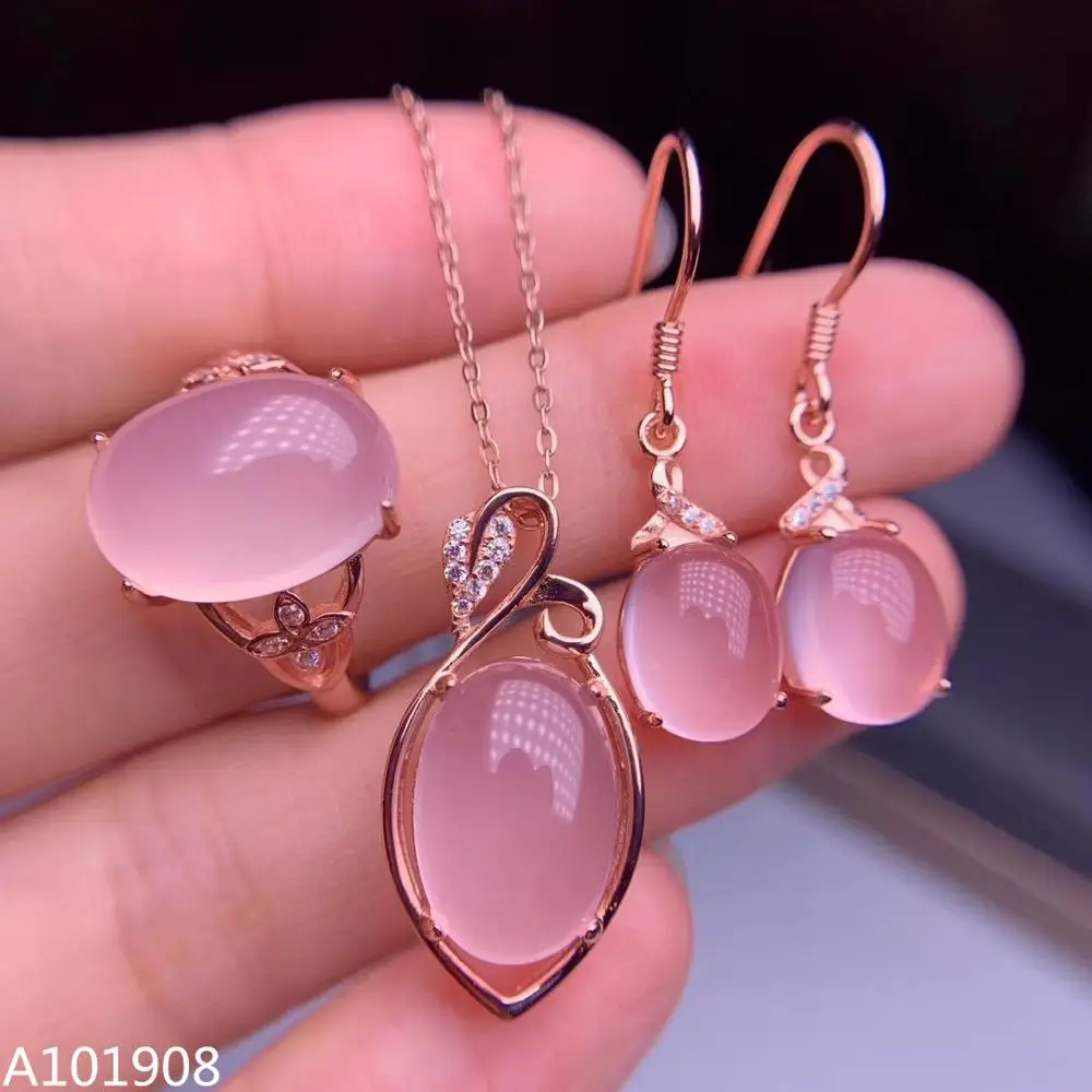 KJJEAXCMY boutique jewelry 925 sterling silver inlaid Natural Pink Furong Stone Necklace Ring Earrings Set Support Test