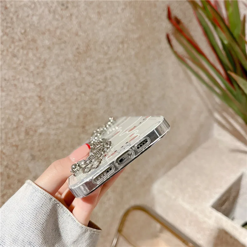 

INS Cute Bear Bracelet Phone Case For iPhone 12 Mini 11 Pro Max X XR XS Max 7 8 Plus SE 2020 Hand Metal Chain Soft Clear Cover