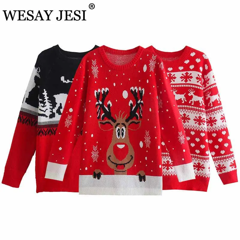 

WESAY JESI ZA Women's Christmas Deer Pullovers Lady O-Neck Casual Cute Elk Sweaters Vintage Warm Knitted Long Sleeve Sweater