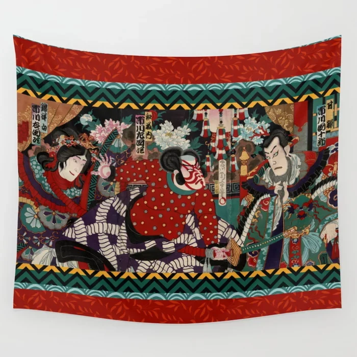 Кабуки Самурайские воины стены гобелен покрывало искусства постельные