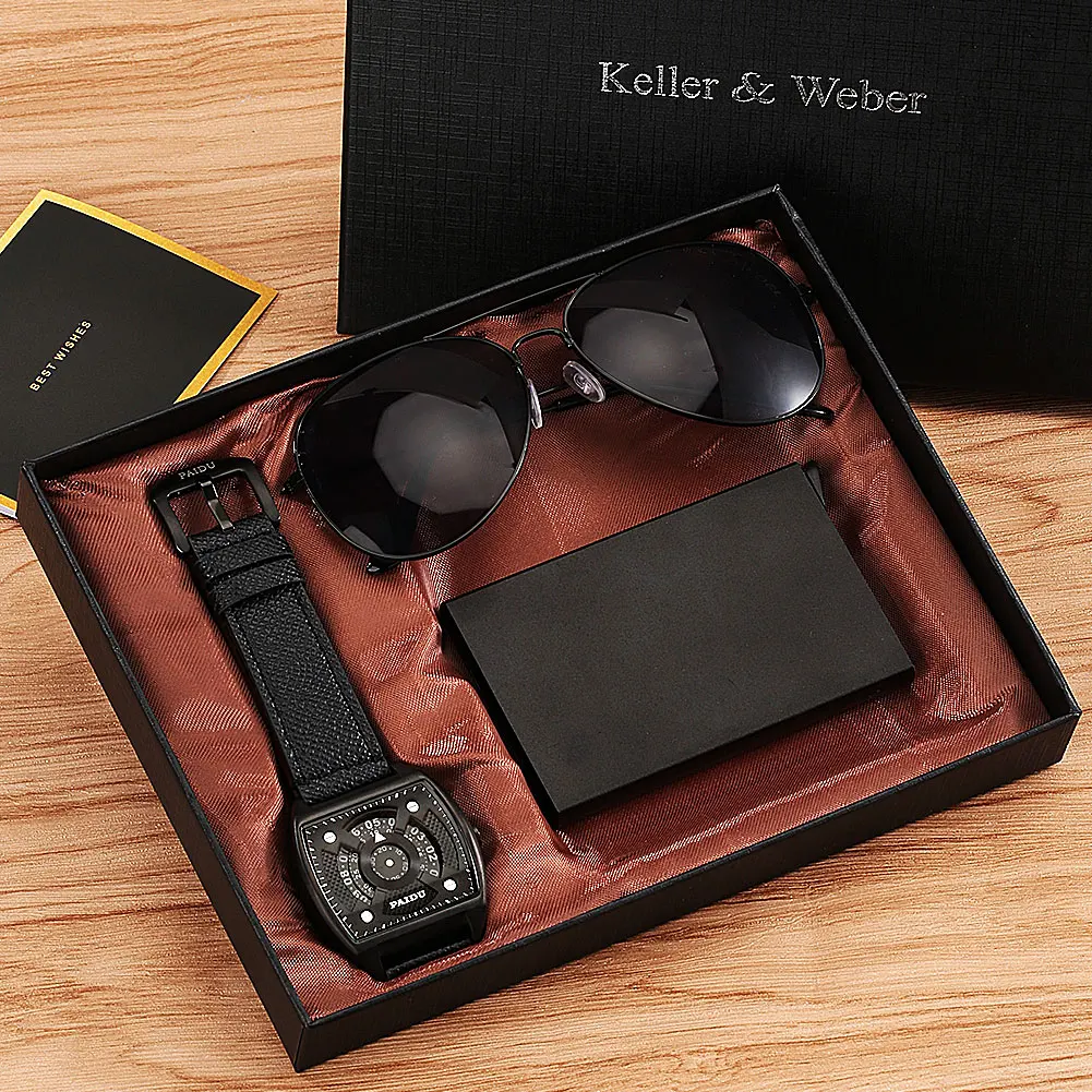 

Men Quartz Wrist Watch Gift Sets with Leather Digital Dial Men's Watch Sunglasses Credit Card Holder Top Luxury Birthday Set