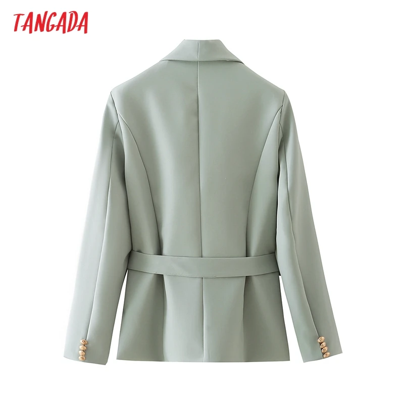 

Tangada Women Solid Green Blazer Coat with Slash Pocket Double Breasted Female Casual Chic Tops DA195