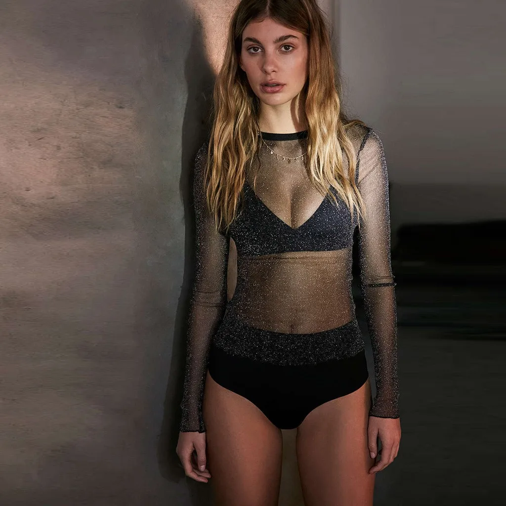 Женская прозрачная пикантная сетчатая блузка с длинным рукавом пикантные топы