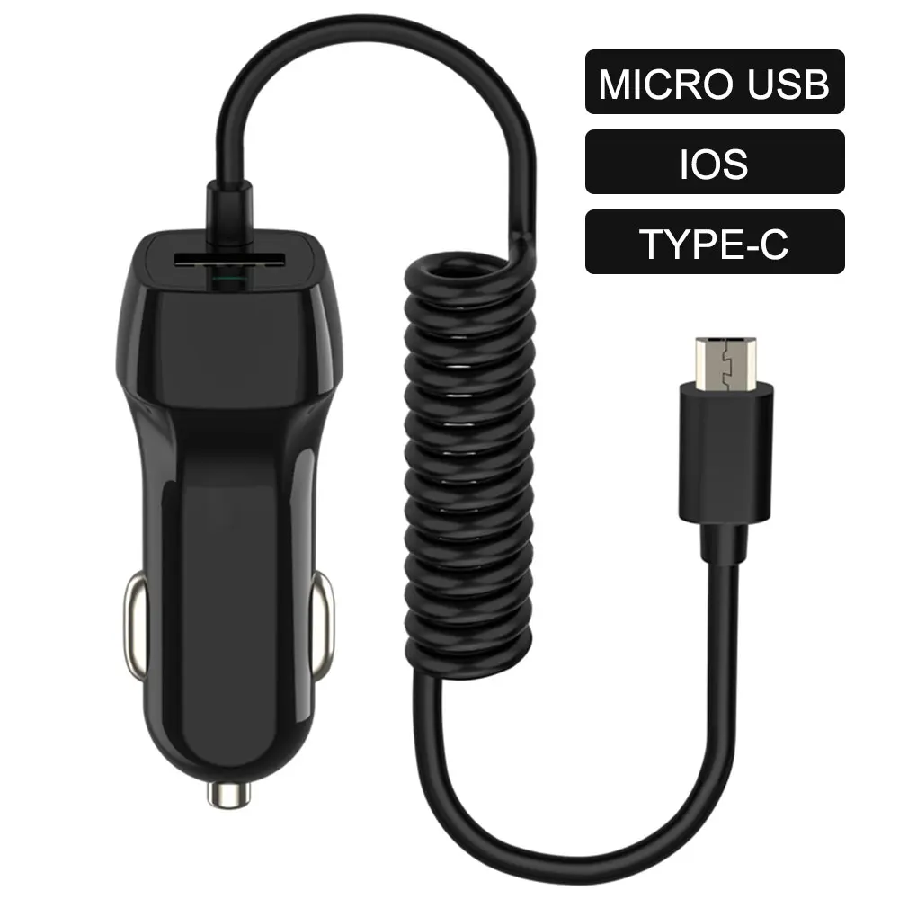 Автомобильное зарядное устройство Vehemo 2 в 1 с кабелем Type-C пружинный провод Micro Usb 5