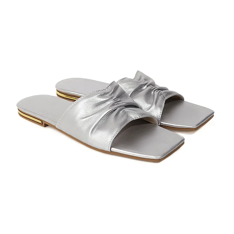 

Ladies Slippers Summer Fashion Concise Women Slipper Flip Flops Great Quality PU Square Toe Beach Slides Shoes Big Size 43