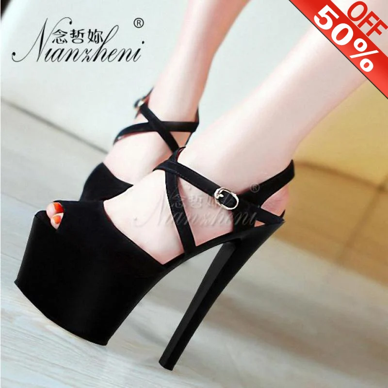 

7 inches High heeled shoes Super Thin heels Sexy Peep toe Women's Sandals Thick platform 17cm Models Party Dress Elegant Concise