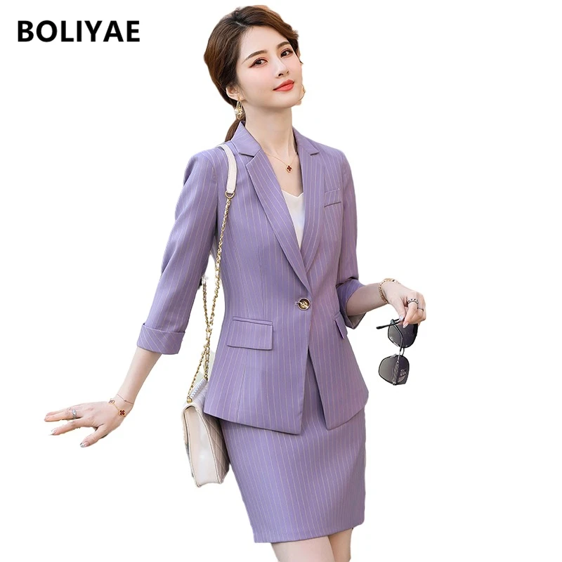 Boliyae Suits with Skirt 2 Piece Set Women Office Blazers Fashion Spring and Autumn Female Stripe Jacket Tops Work Clothes Trf