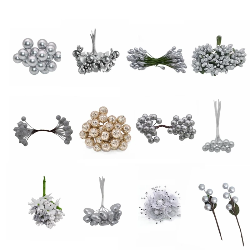 

Wedding Decoration Silver Artificial Flower Cherry Stamen Berry DIY Flower Wreaths Decorative Cake Gift Box Wedding Party Decor