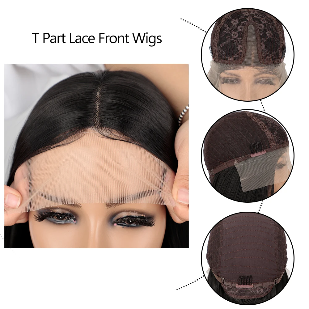 Длинные прямые черные синтетические кружевные передние Искусственные парики