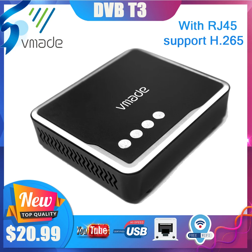 Vmade H.265 наземный приемник DVB T2 декодер H.265/HEVC цифровой ТВ тюнер с поддержкой RJ45 youtube