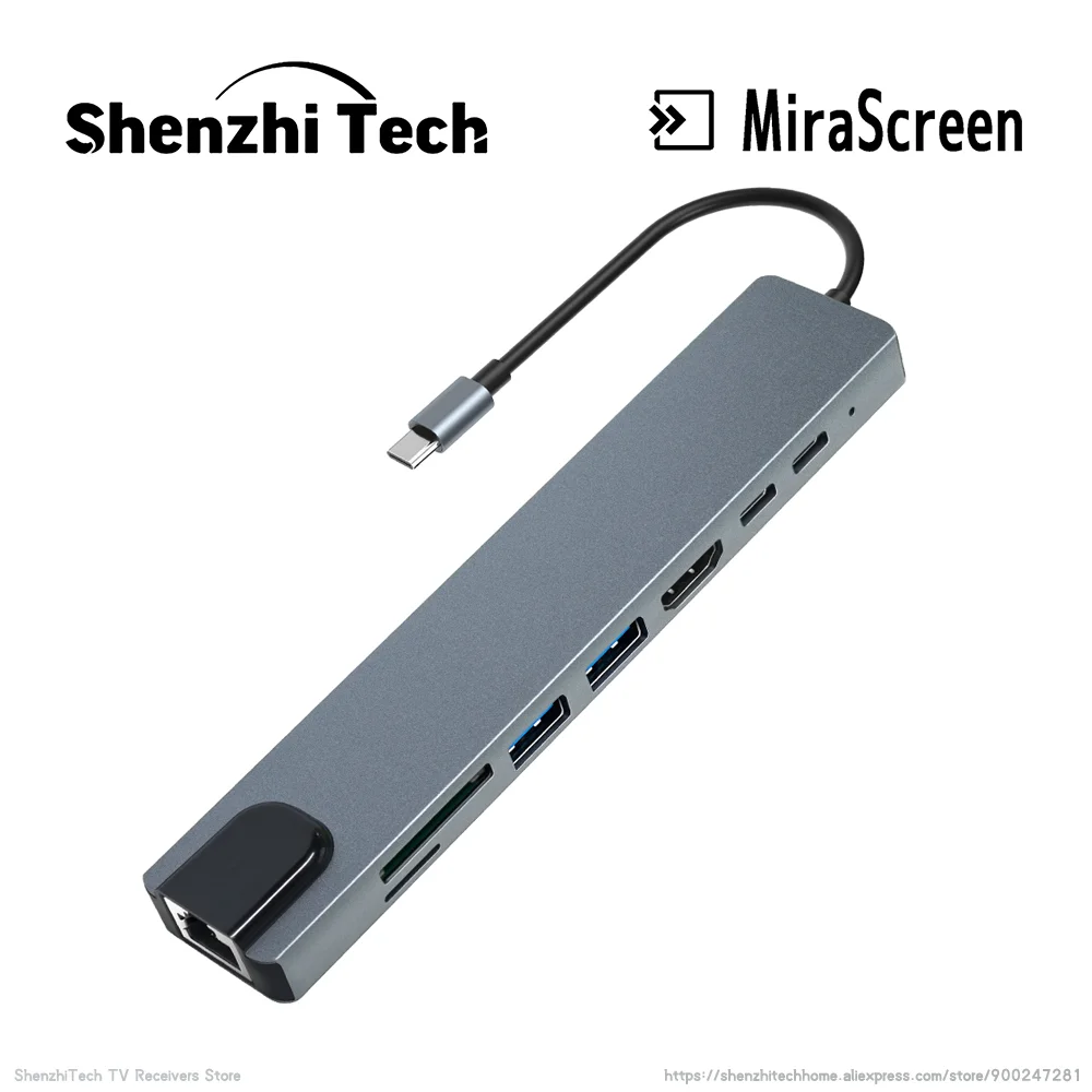 

MiraScreen TC19 8 in 1 Type-C 4K Docking Station Adapter for MacBook with Ethernet HDMI-Compatible 2xUSB 3.0 SD&TF Card Reader