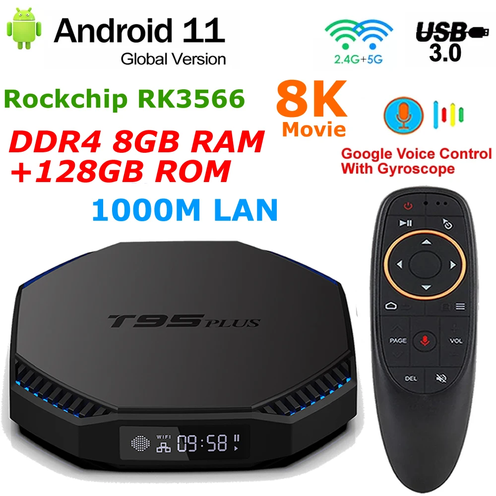 T95 PLUS RK3566 Android 11กล่องทีวี DDR4 8GB RAM 128GB ROM 2.4G/5G WIFI BT 8K ถอดรหัส USB3.0 1000M LAN 4K Youtube ชุดกล่องด้านบน