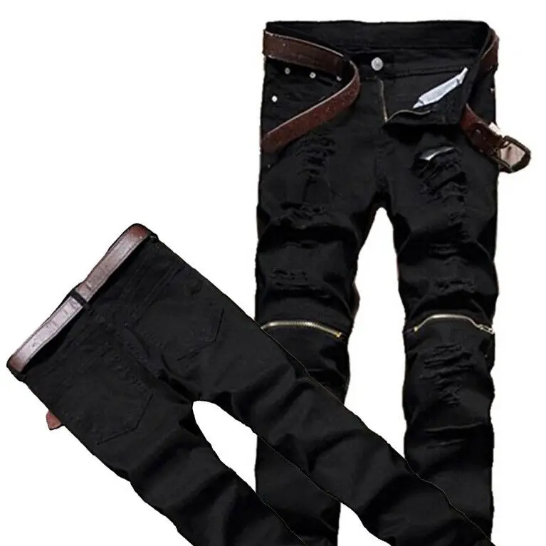 Мужские облегающие байкерские джинсы красные белые черные рваные с застежкой