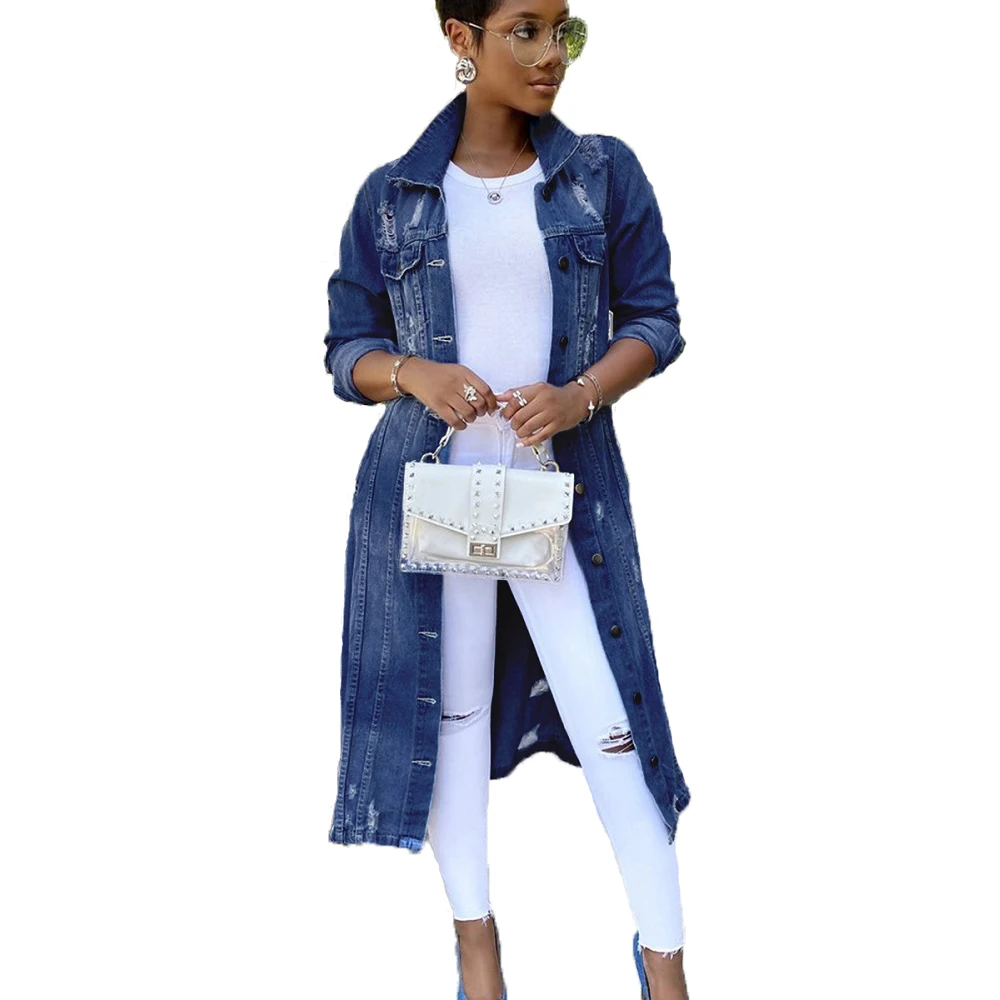 

Women Autumn Winter Denim Trench Coats Ripped Hole Jean Long Button Jackets
