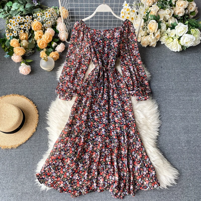 Женское винтажное платье трапеция с цветочным принтом и квадратным