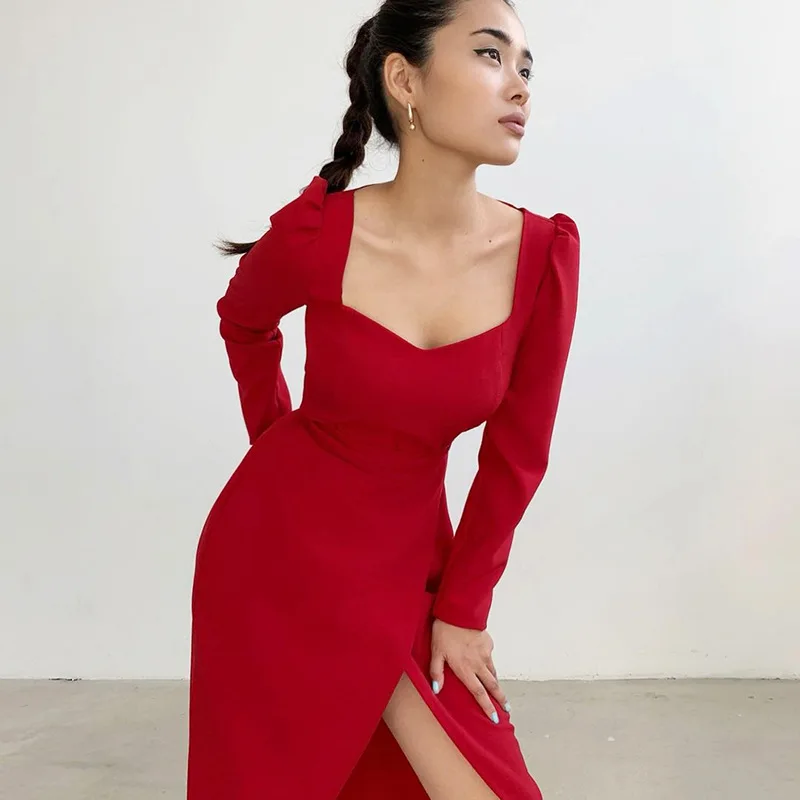 

2021 Spring Long Sleeves Women Dress Casual Sexy Puff Sleeve Square Collar Split Female Dress Elegant Party Knitted Dress