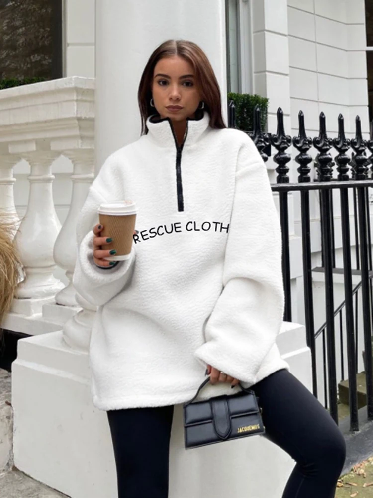 

Yiallen Autumn Vintage Warming Wool Sweater Cotton-Padded Letter Print Zipper Casual Style Pullover Loose Hipster Turtleneck Top