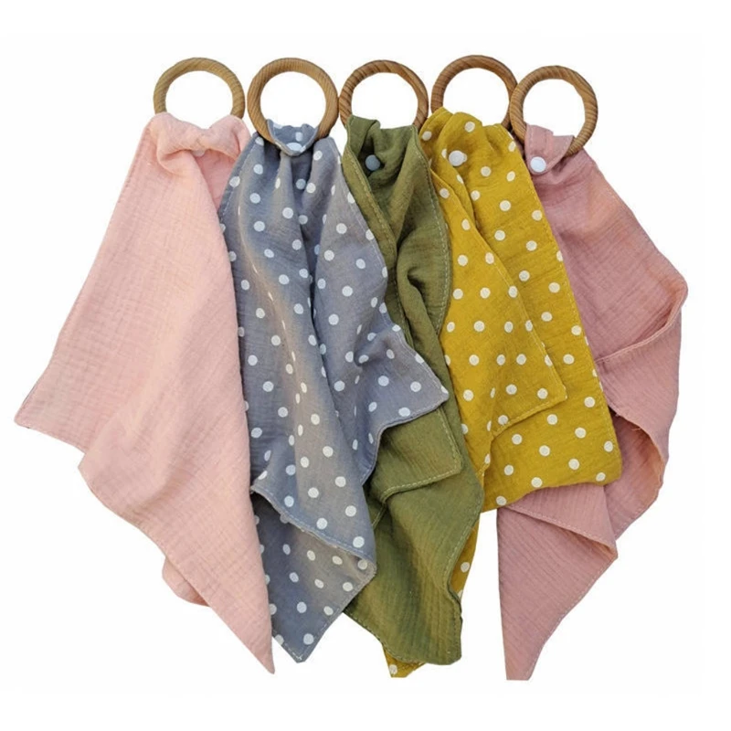 

Baby Cotton Saliva Towel Bibs with Beech Wooden Ring Teether Bandana Burp Cloths Infant Toys Gifts