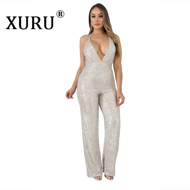 

XURU Европа и новый женский комбинезон с блестками для ночного клуба, сексуальный комбинезон без бретелек с лямкой на шее