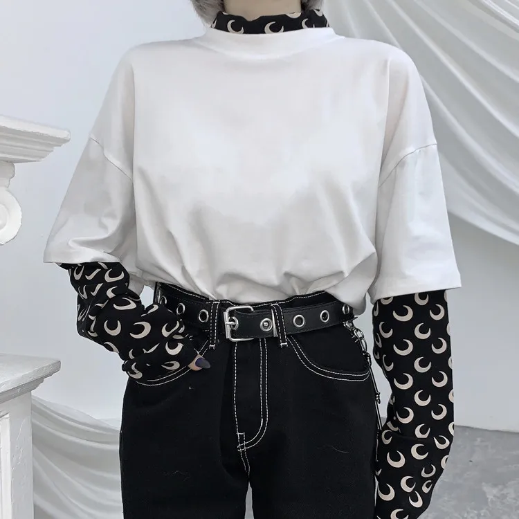 

Black Patchwork Tops O-neck Korean Ins Fake Two Pieces Tees Fashion Women's Clothing Autumn New Long Sleeve Bf T-Shirts Hipster