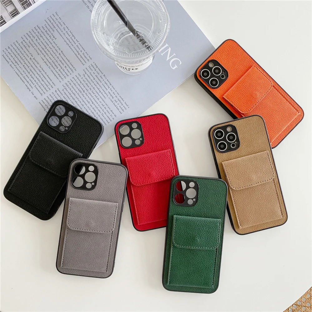 

Solid Leather With Card Bag Phone Case For iPhone 11 Pro Max 12 Pro Max MINI 8 7 Plus Xr XsMax X Xs Anti Falling Shell