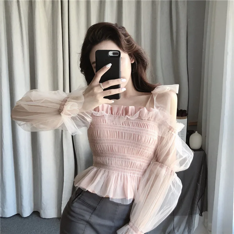 

Strap Bowtie Off Shoulder Long Sleeve Fairy Tulle Blouse Gauze Ruffles Cute Summer Peplum Top Chemise Blusa 2020 Women Shirt