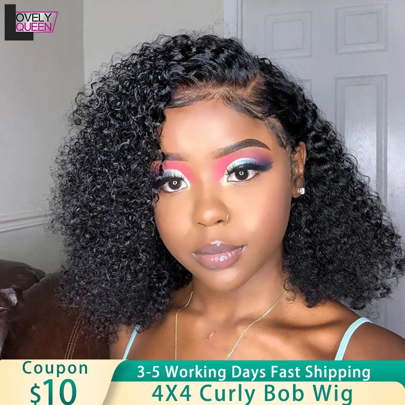 

Short Curly Bob Human Hair Wig Brazilian Remy Hair 4x4 Lace Closure Wig 180 Density For Black Women Curly Wave Wig Pre Pluck