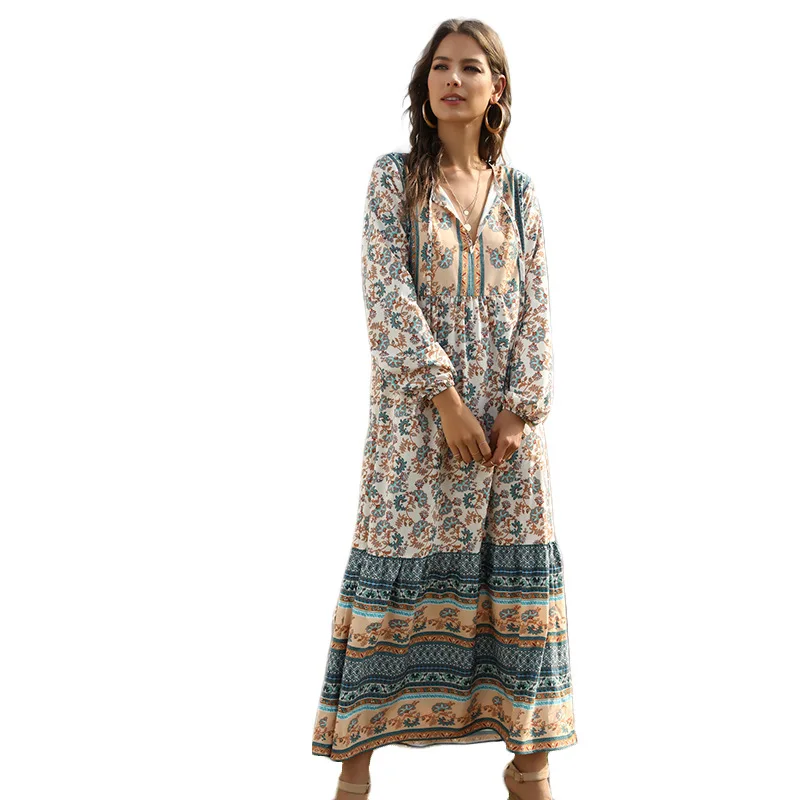 

Lace up long Bohemian print dress women's dress 2020 spring / summer national style loose long sleeve splicing new style