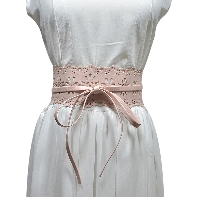 

Women Hollow Pu Belt New Pattern Wide Bow Belts for Women Black Long Waistband Female Dress Fashion