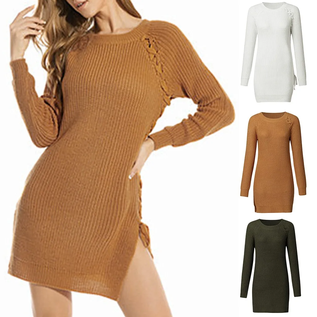Женское трикотажное платье-свитер на бретельках с разрезом осенне-зимнее