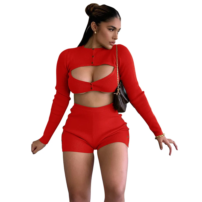 

Женский осенний костюм с круглым вырезом, повседневный спортивный костюм на пуговицах с вырезами, Женские однотонные шорты, костюм из двух ...