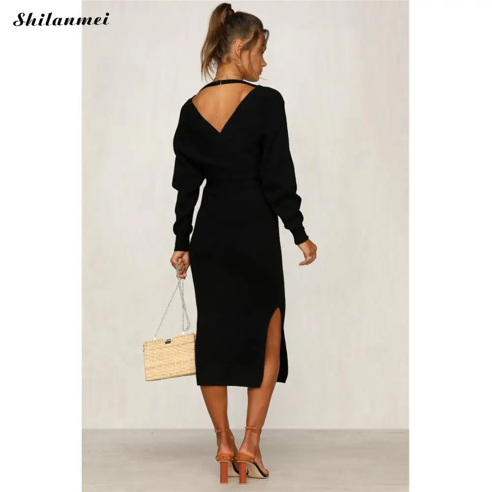 

2019 Autumn Elegant Sweater Dress Women Long Sleeve Deep V Neck Fashion Knitted Dress Casual Loose Belt Midi Party Work Dresses